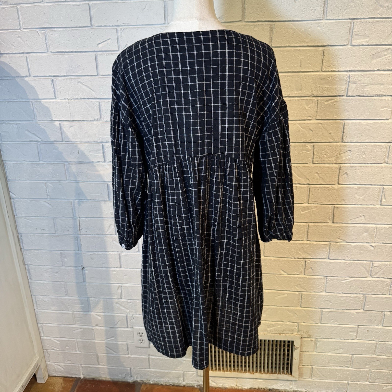 ABLE Nico Black White Windowpane Cotton Babydoll Swing Dress Puff Sleeve Size M