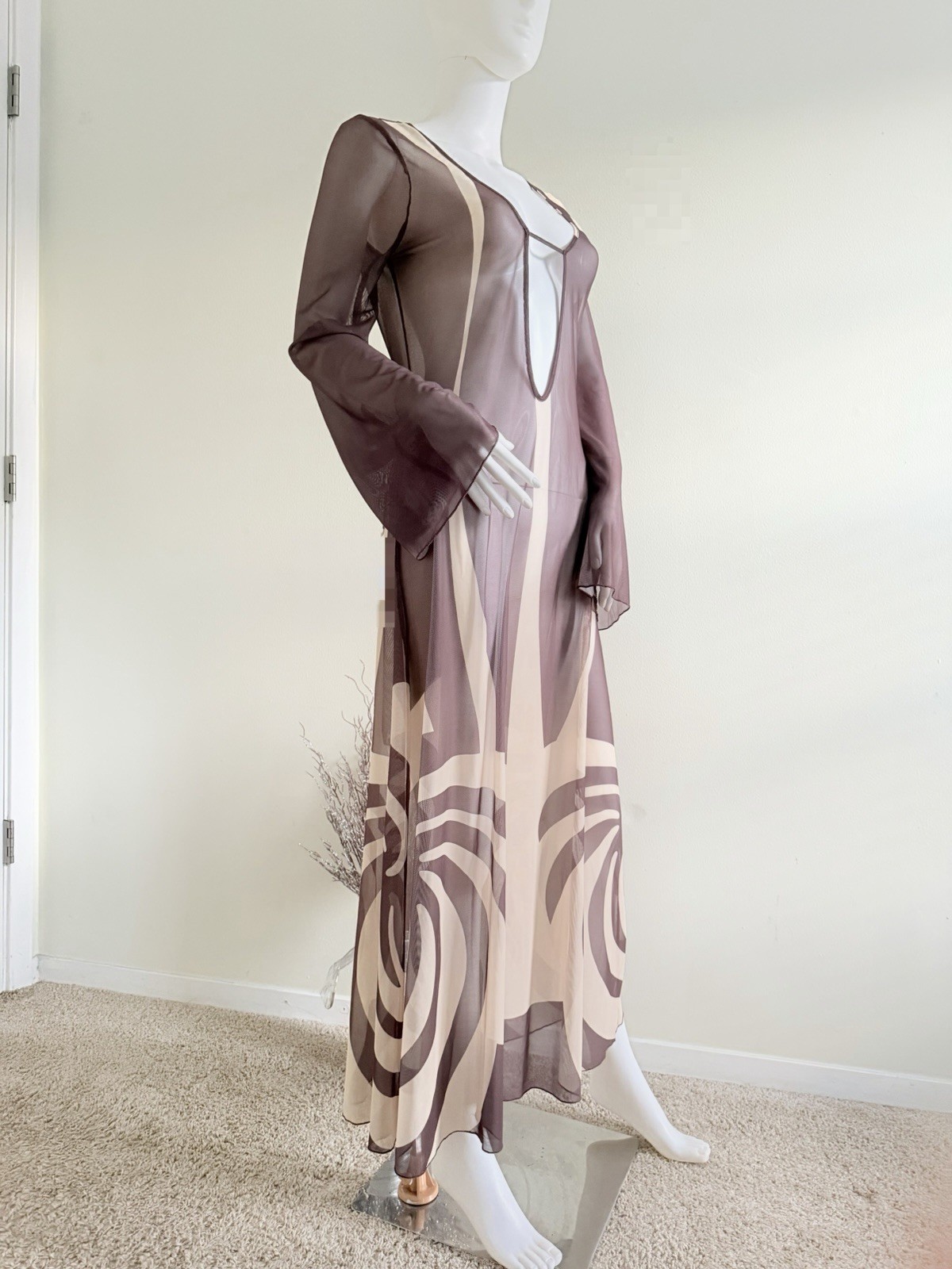 Caroline Constas XS Mesh Maxi Dress Brown Beige Abstract V-Neck Sheer Bell