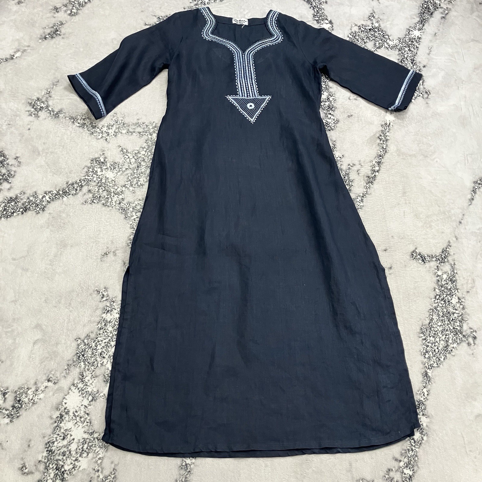 Handmade Linen Blend Embroidered Caftan Maxi Dress Blue Boho Medium