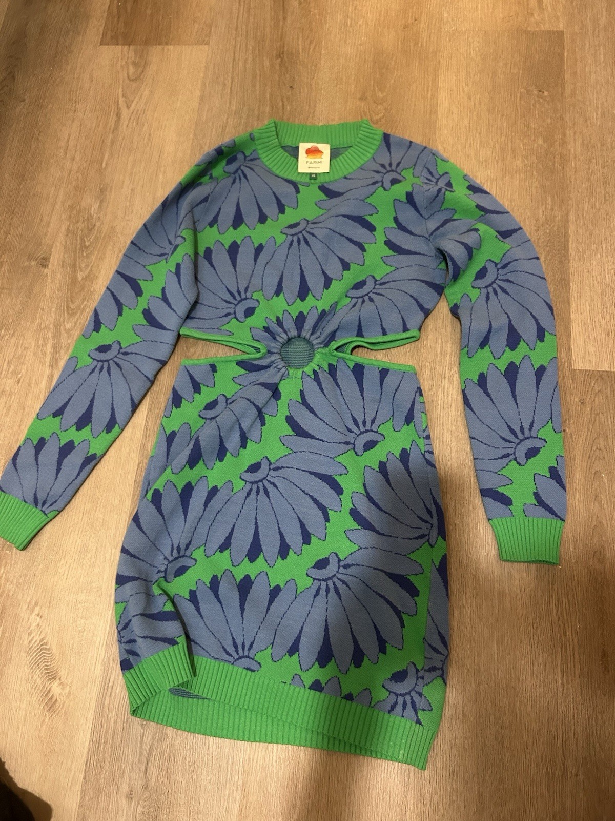 FARM Rio Green Blue Floral Knit Crewneck Long Sleeve Cutout Sweater Dress XS