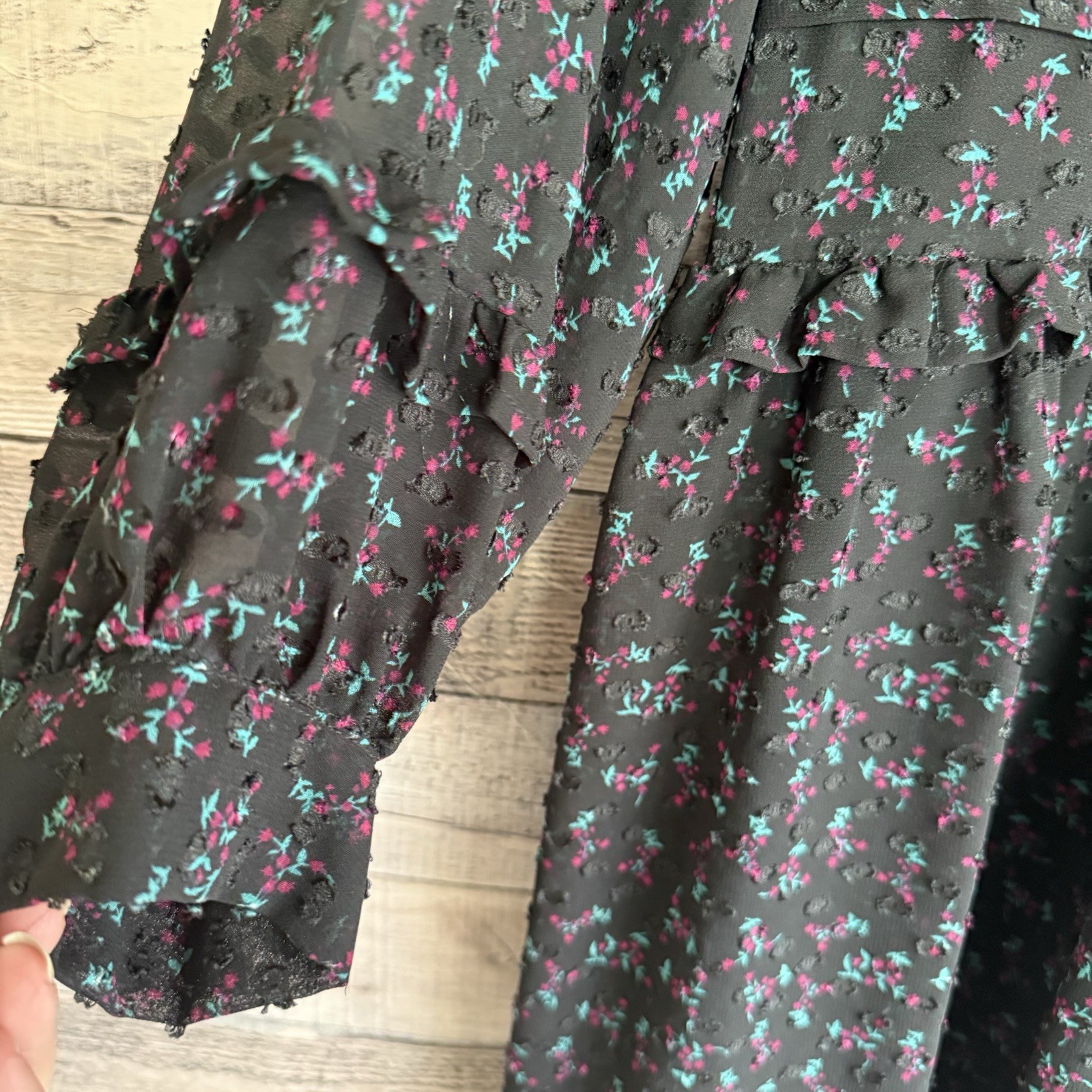 Zara Basics Small Black Floral Mini Dress Long Sleeve Sheer Lined Boho Babydoll