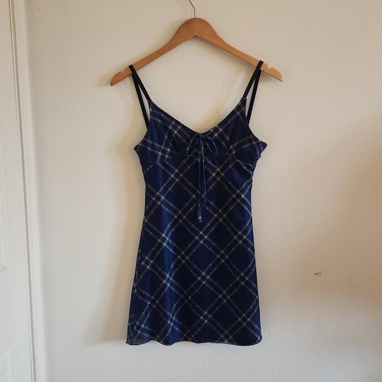 Navy blue and green gridded sleeveless mini dress with bow in the front