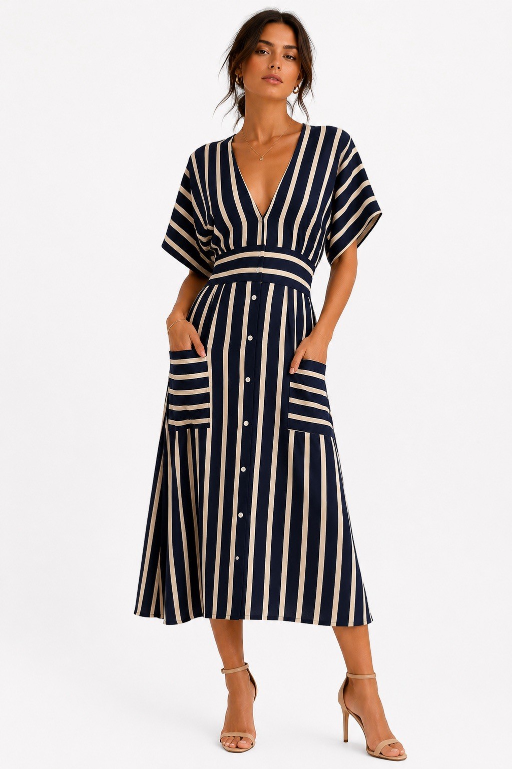Faithfull The Brand Milan Midi Dress Navy Mazur Stripe Open Back Size S