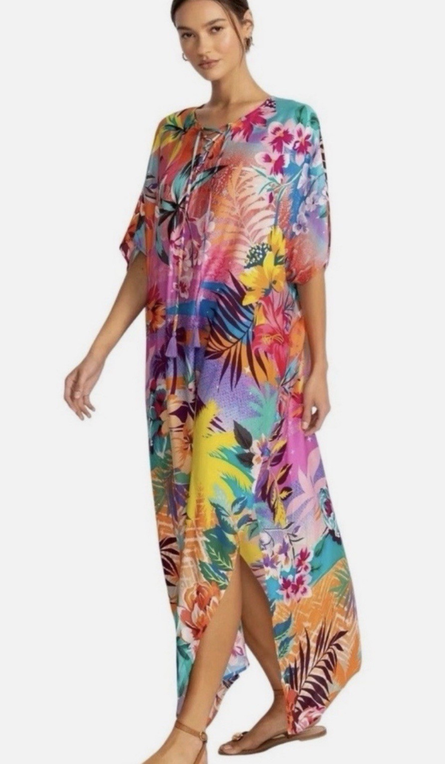 Johnny Was Womens Colorful Zeru Tie Neck Maxi Kaftan Resort Artsy Holiday Small