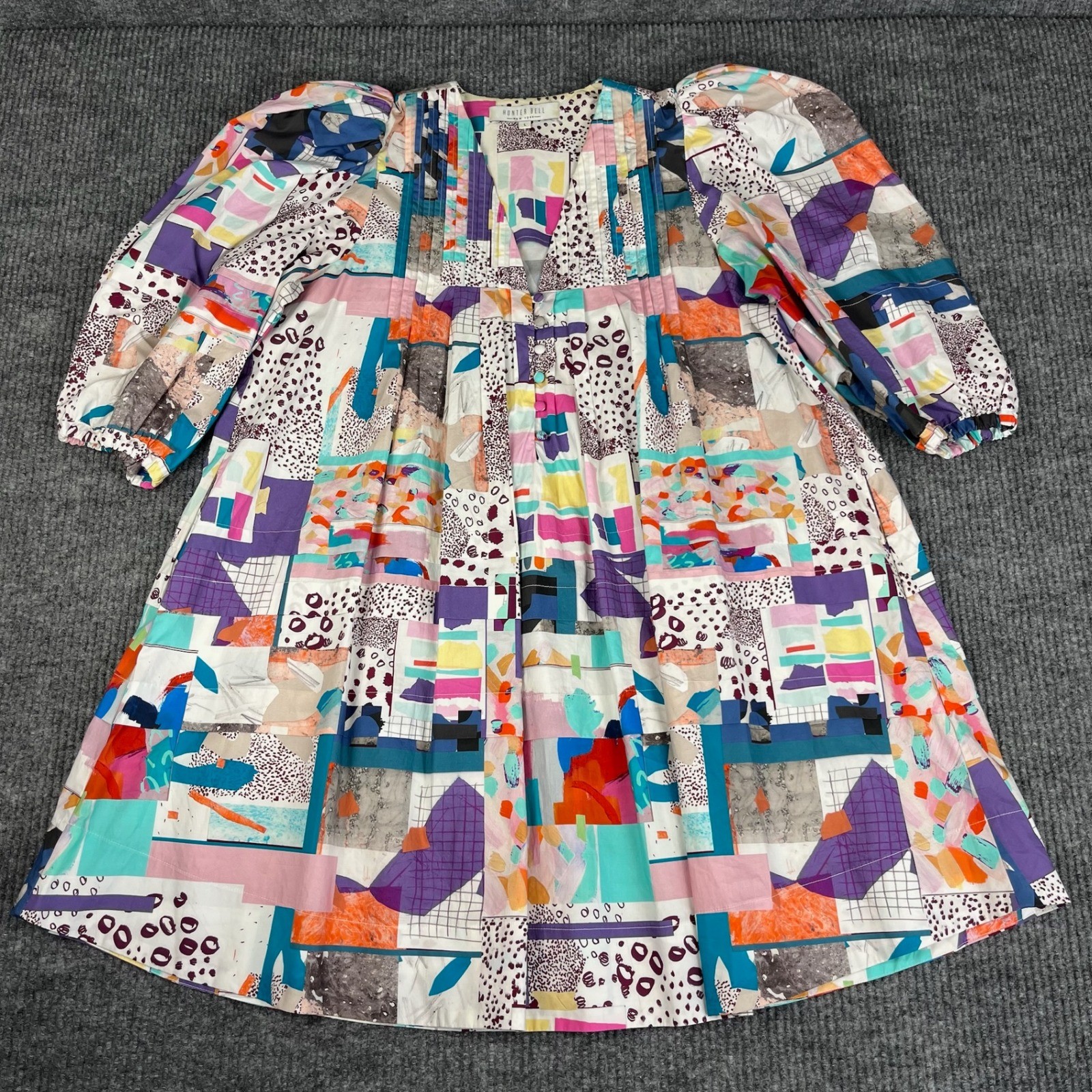 Hunter Bell Jenkins Dress Womens L Abstract Print Cotton Mini Pockets Boho Art