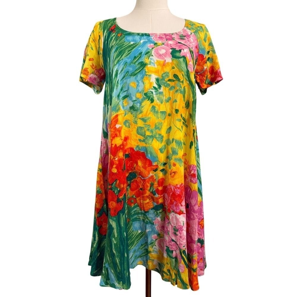 Jams World XS Bouquet Burst Floral Shift Dress Yellow Pink Artsy Tropical