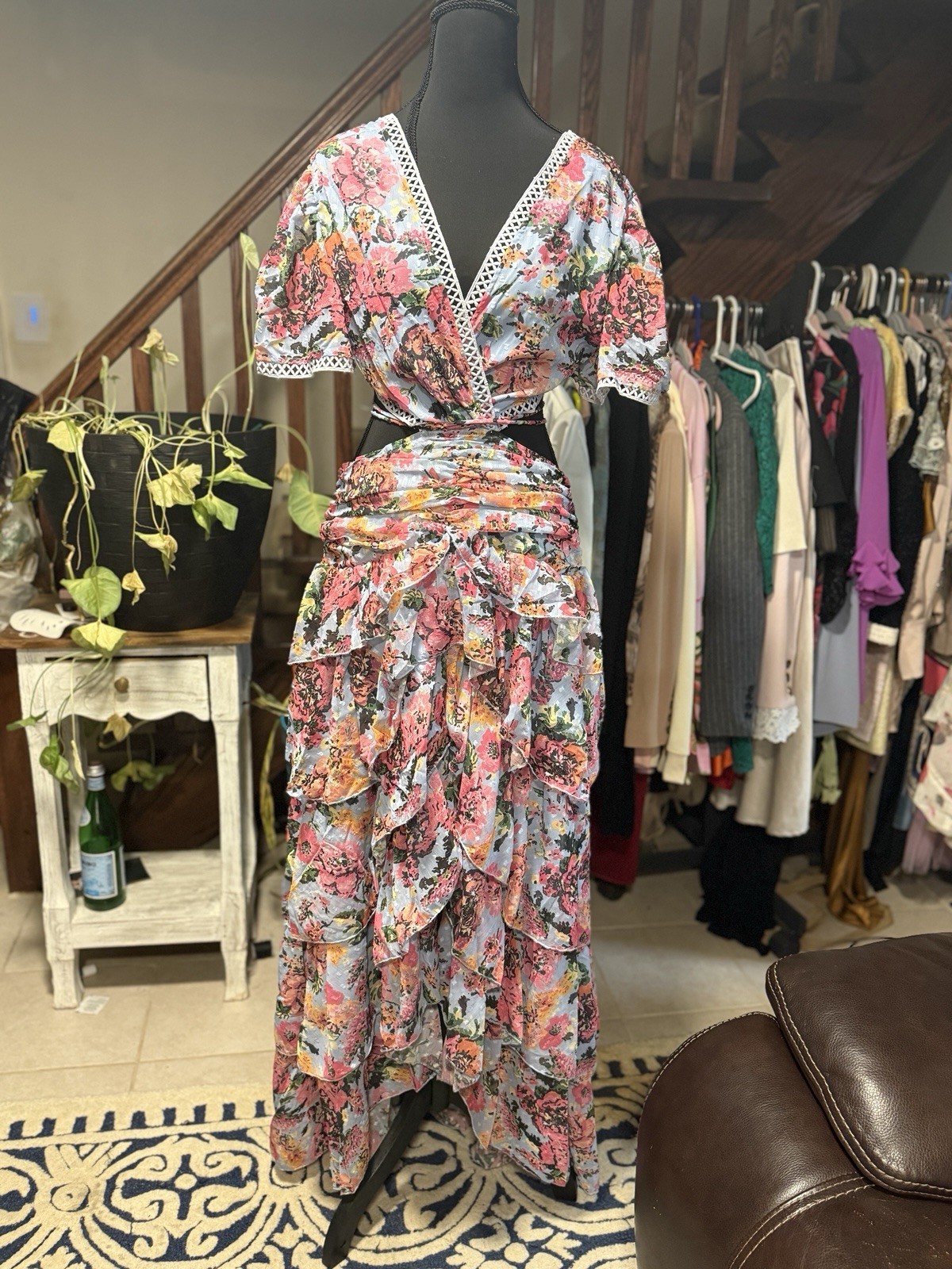 Australia Floral Cutout Dress Lace Trim Ruched Ruffle Midi Resort vacation