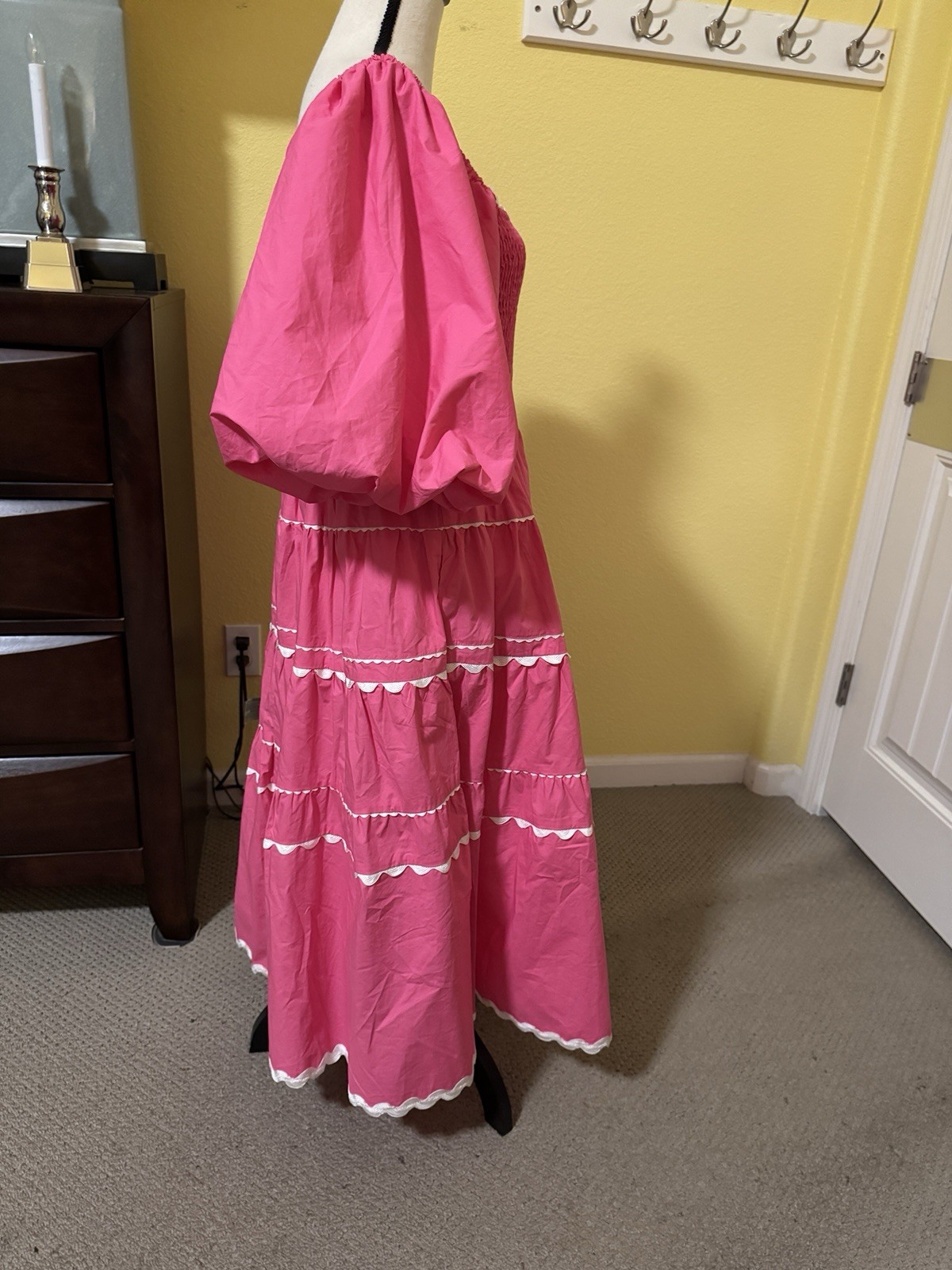 Pink tiered midi dress smocked bodice scalloped piping ric rac trim NWT Size S