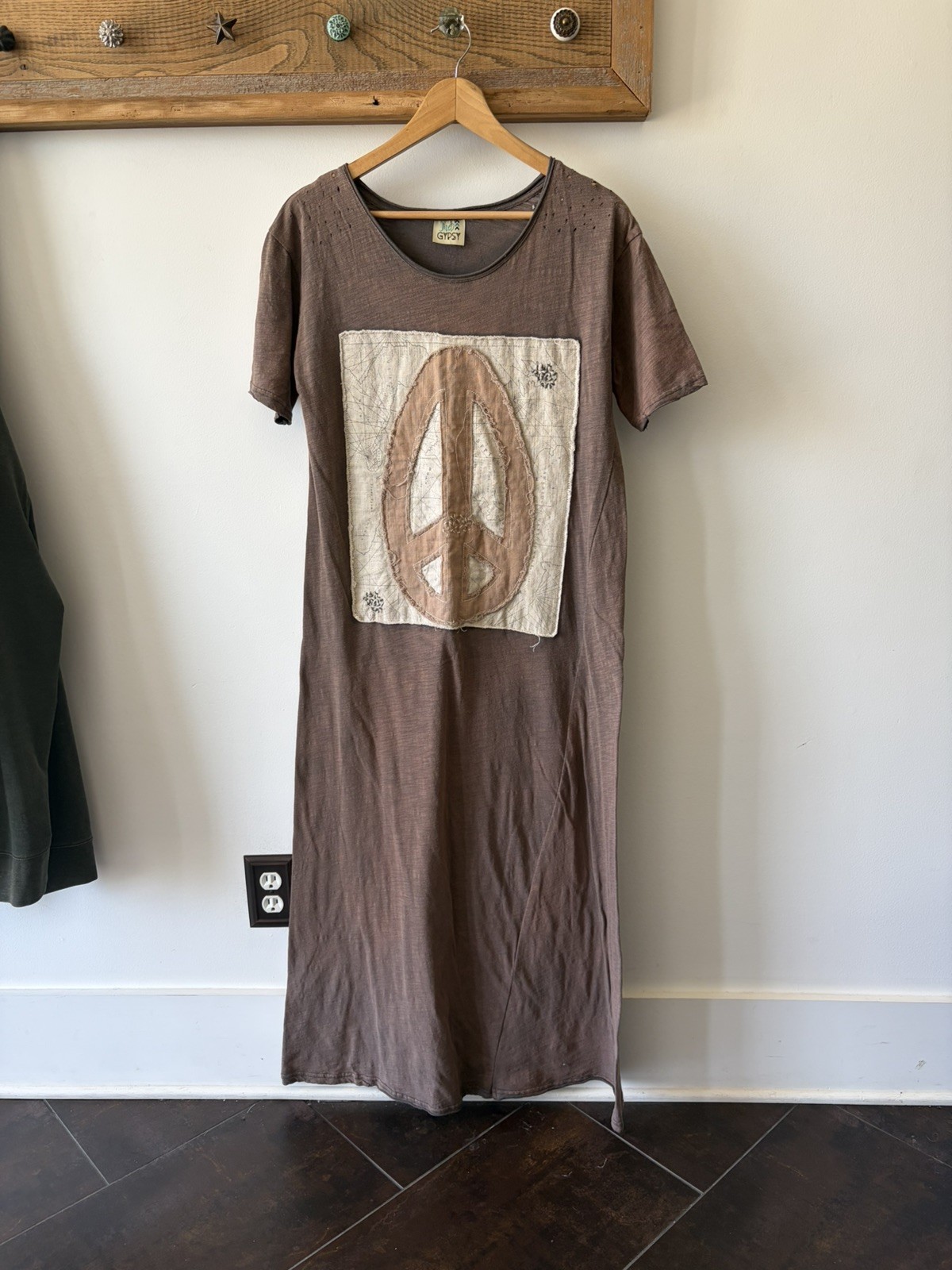 Jaded Gypsy Long Maxi Peace Tee Dress Womens OS Washed Tan Short Sleeve Tattered