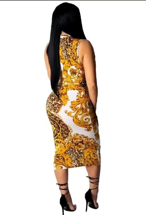 NWOT Zip Down V-neckline Bodycon Midi Dress Strap Tie Waist Floral/Animal Print