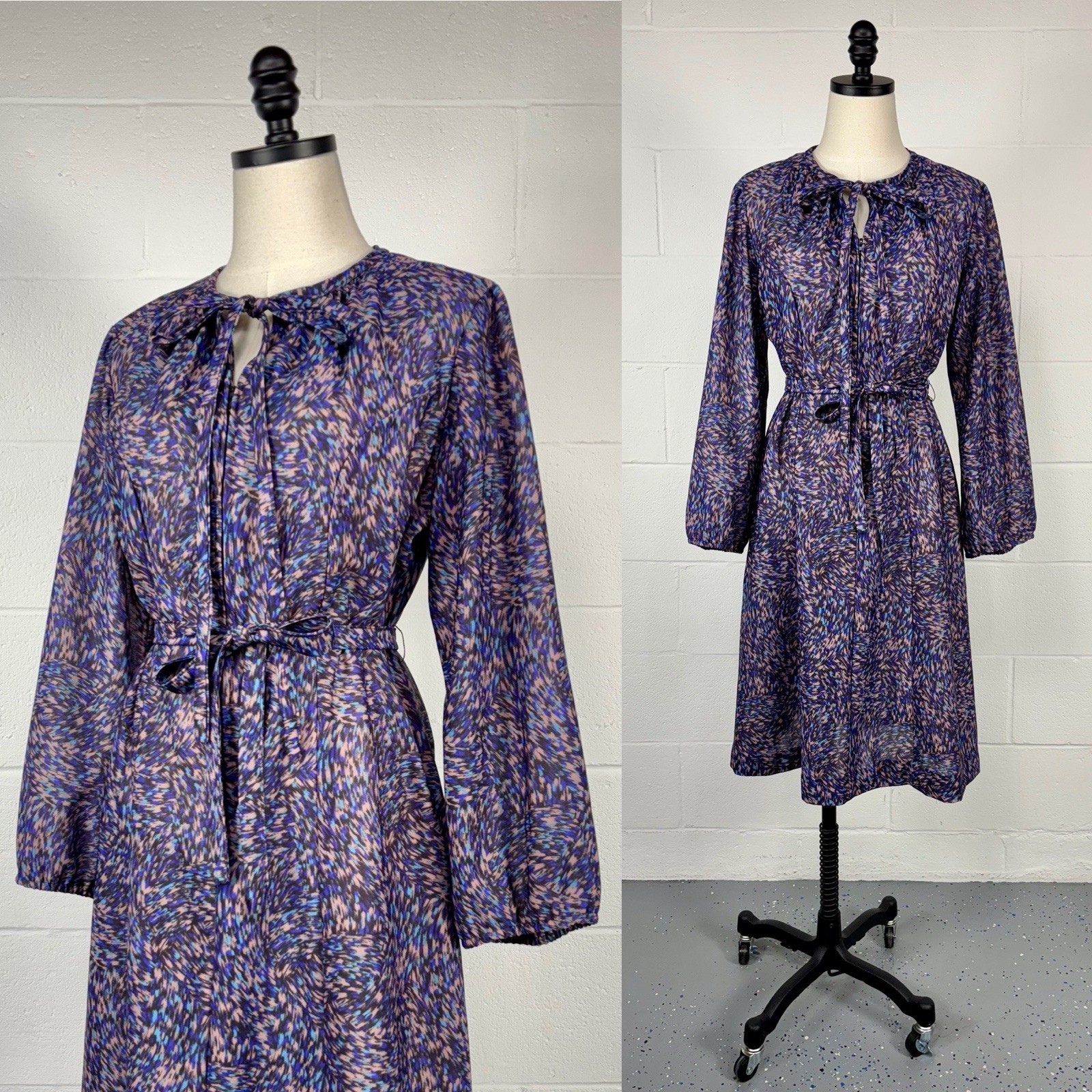 Vintage 70s Sheer Abstract Belted Blouson Shirt Dress Zip Up Keyhole Tie Neck L