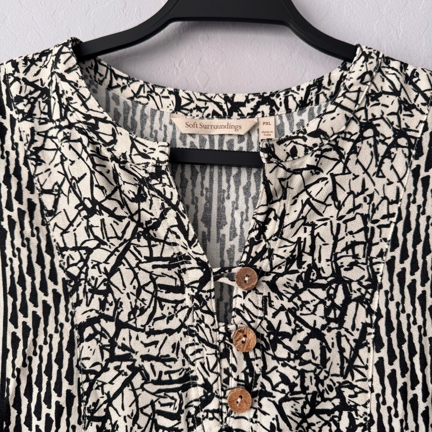 Soft Surroundings Dress Cream Black White Print 3/4 Sleeve Casual Dress PXL
