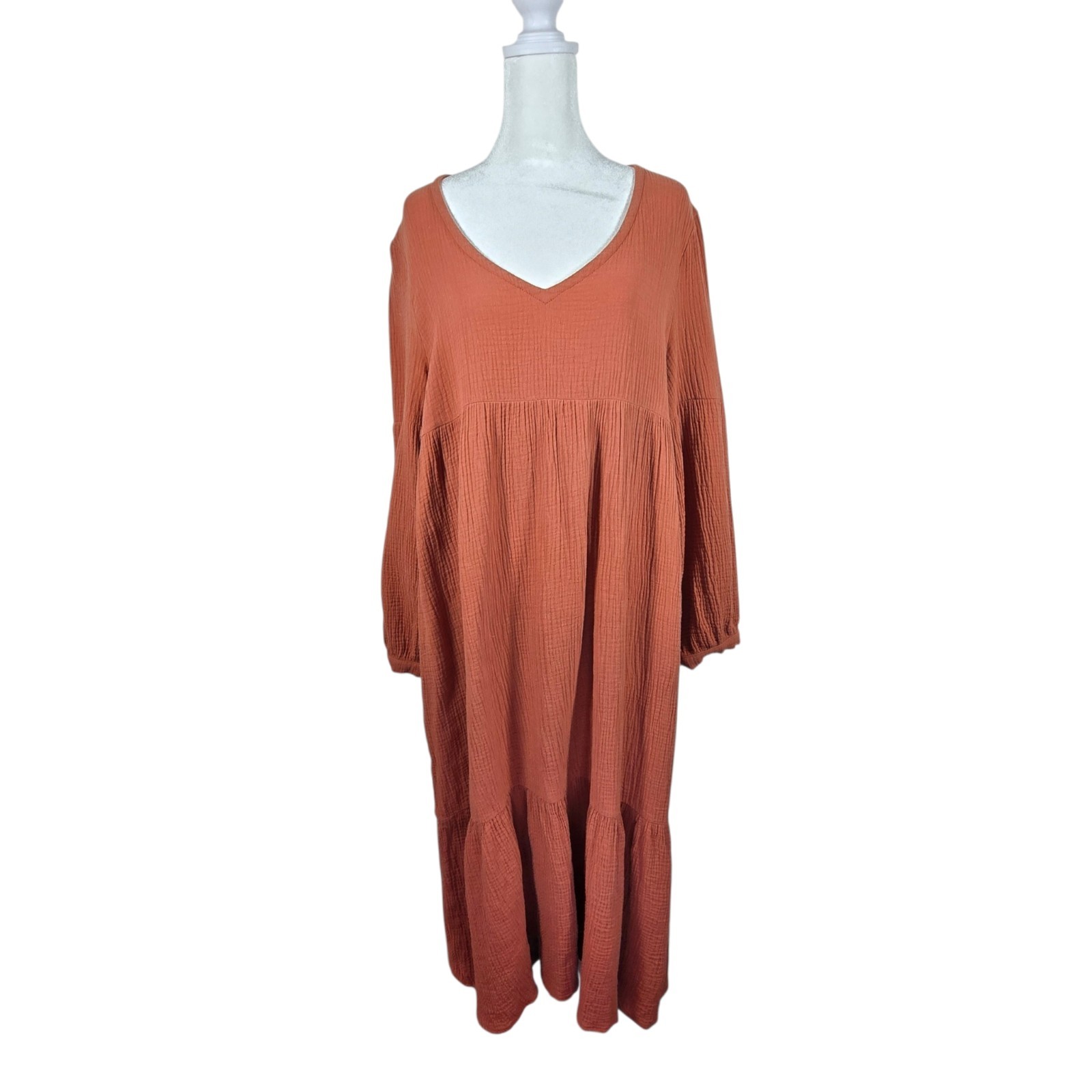 7 For All Mankind Gauze Cotton Tiered Midi Dress Women’s Medium Rust Terracotta