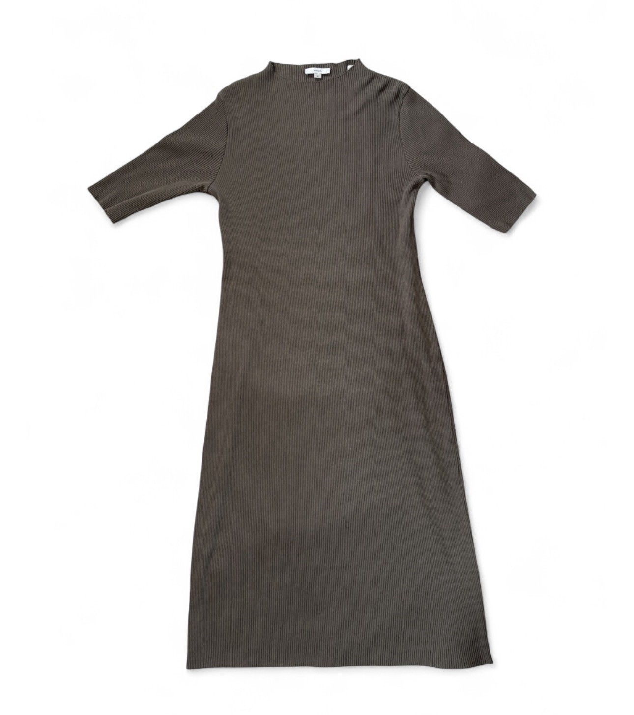 Vince Cotton Spandex Ribbed Mock Neck Elbow Sleeve Dress Taupe L