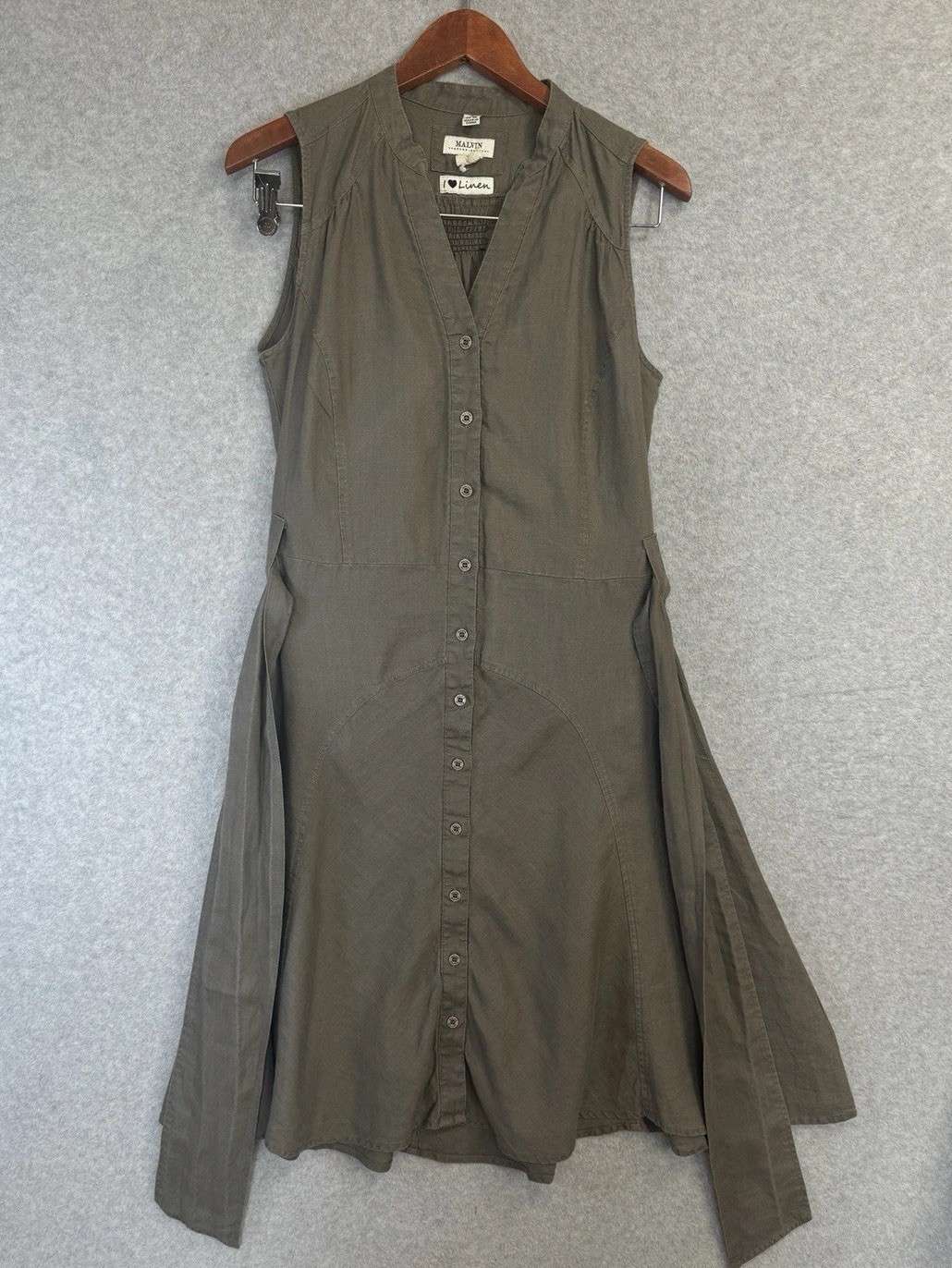 Malvin 100% Linen Sleeveless Button Midi Dress S Gray Belted Fit Flare Casual