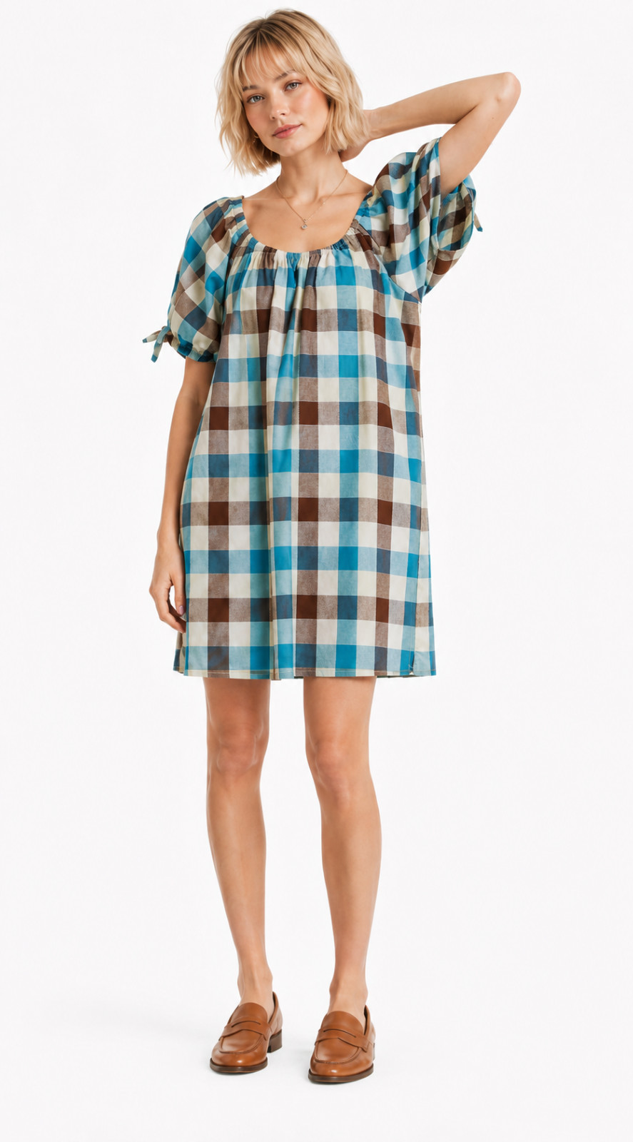 New Gigio M 8 10 Teal Brown Plaid Side Pockets Lined Oversized Cotton Dress