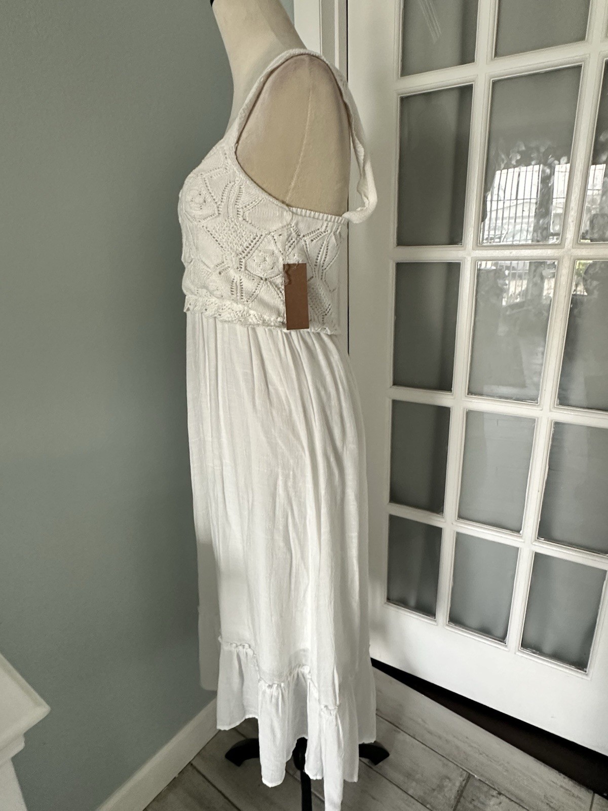 Just Found White Crochet Ruffle Square Neck Sleeveless Maxi Dress Size L