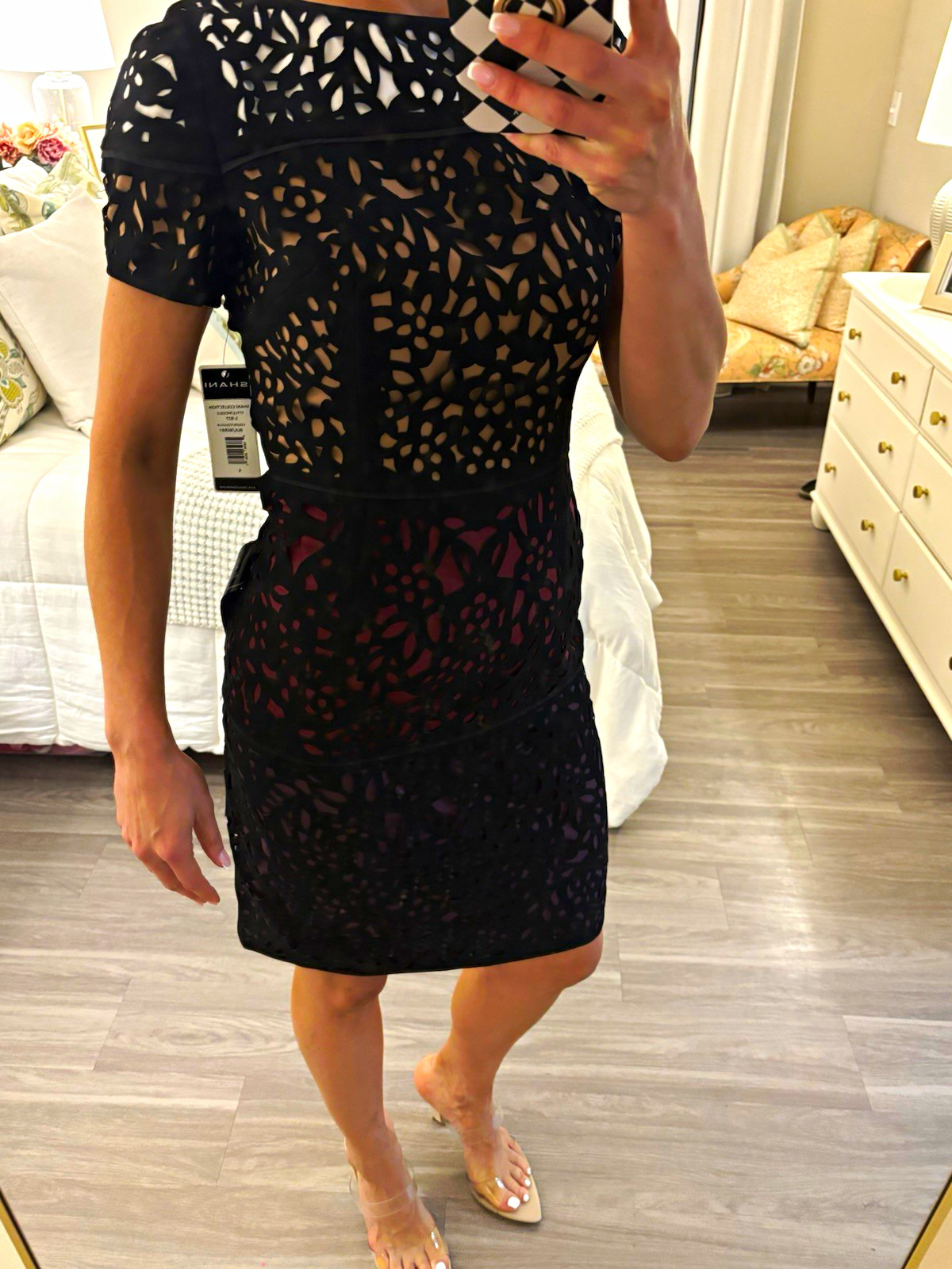 SHANI Black/Berry Floral Cut-Out Lace Sheath Knee Dress Short Sleeve 4 S-977