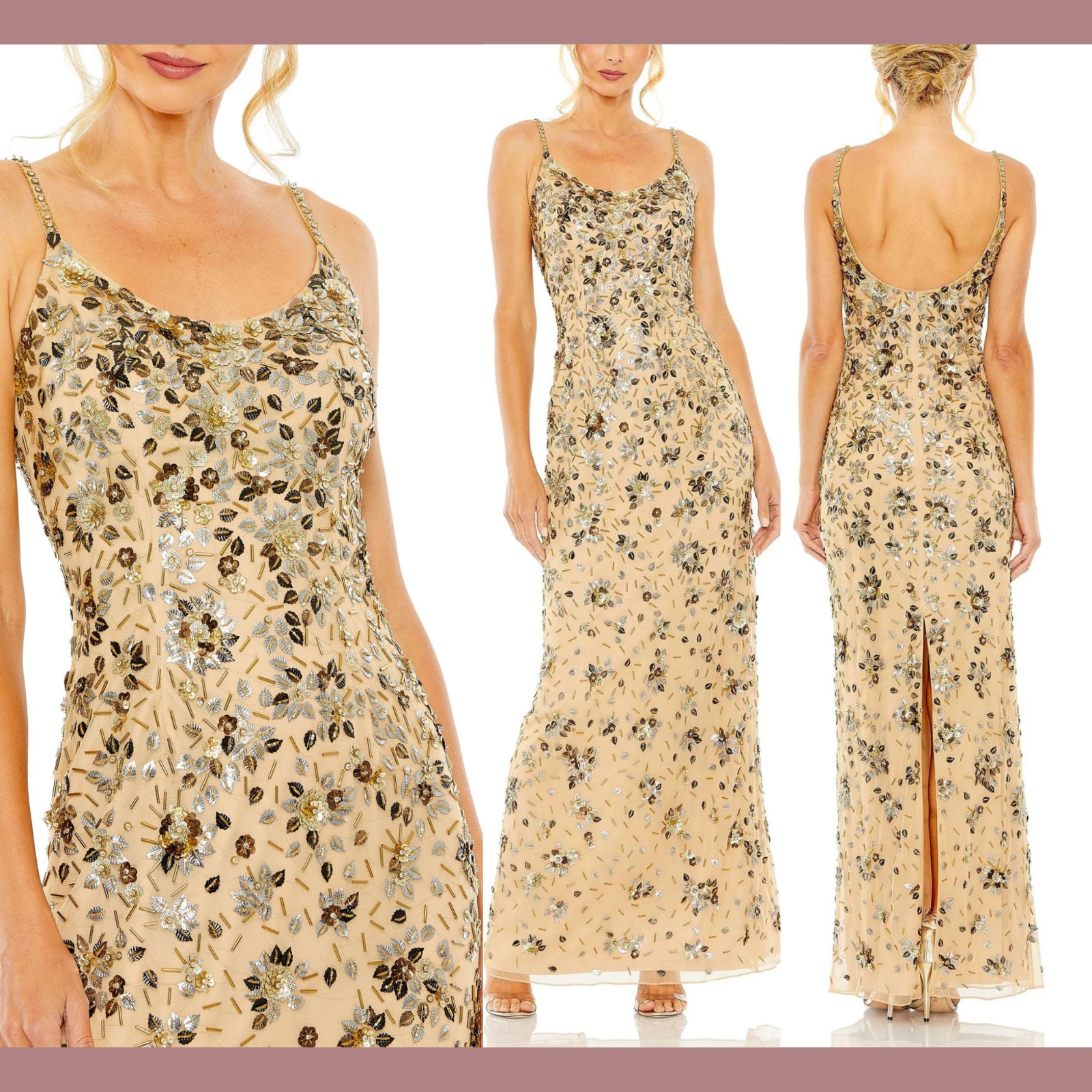 NWT $598 Mac Duggal [ 2 ] 5477 Floral Embellished Scoop Neck Gown Gold S1635