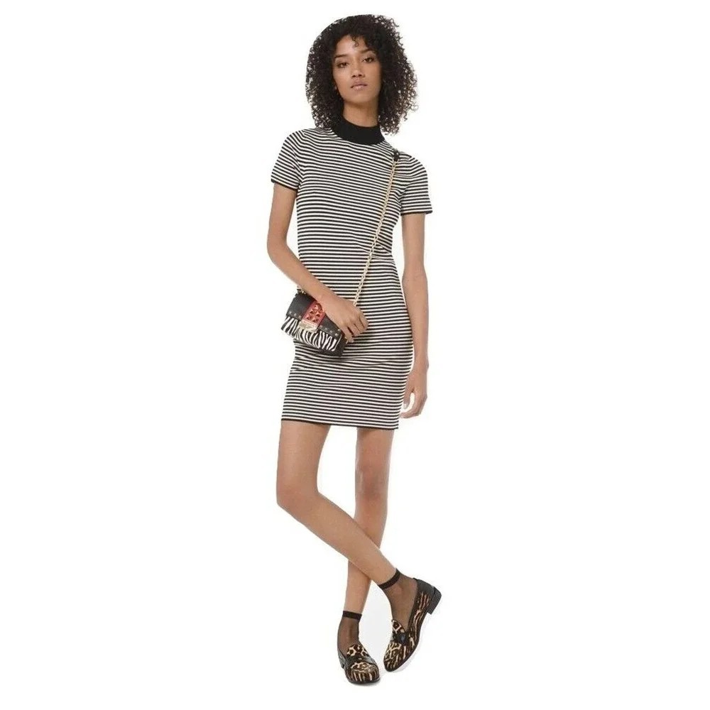 NWT Michael Kors Striped Stretch Viscose Mock Neck Mini Dress Black Bone XS $175