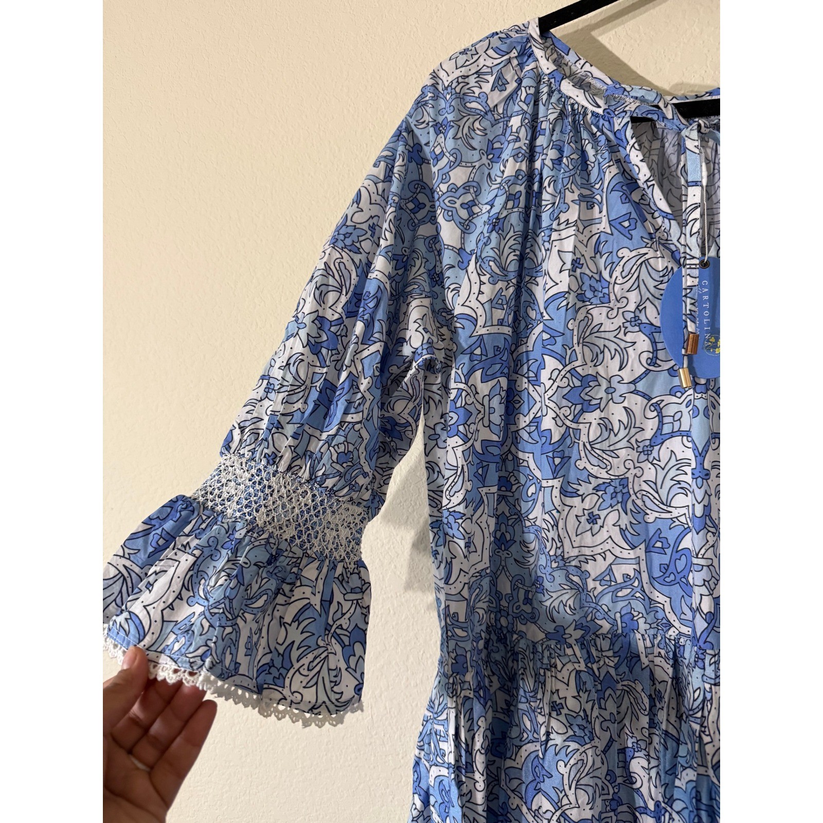 NWT Cartolina Nantucket Blue White Floral Cotton Tiered Mini Dress Sz M Cottage