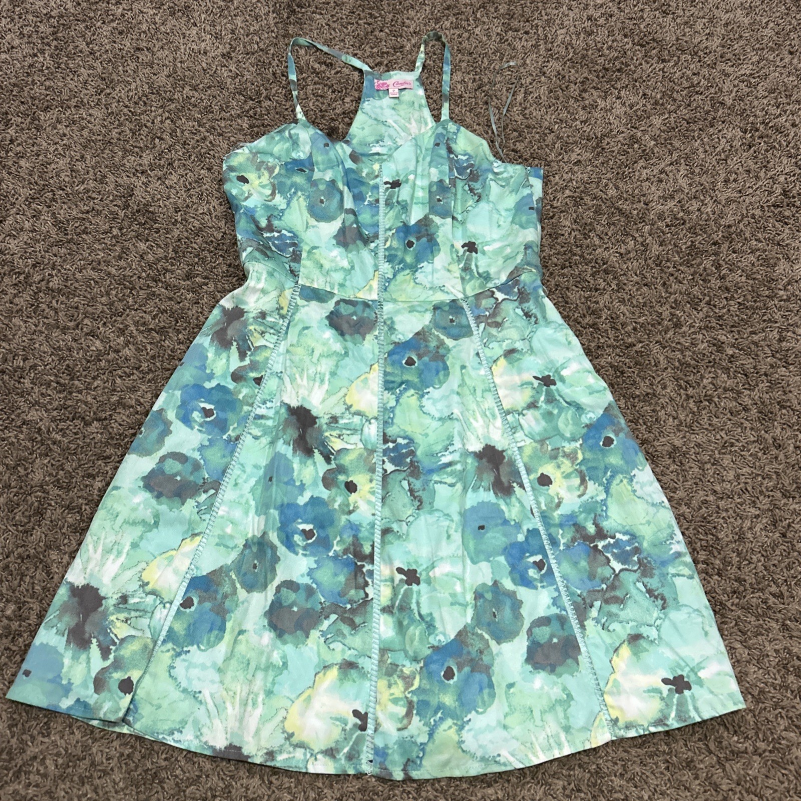 Candies Green Sundress Watercolor Floral Dress Junior Size 7 Lined A26