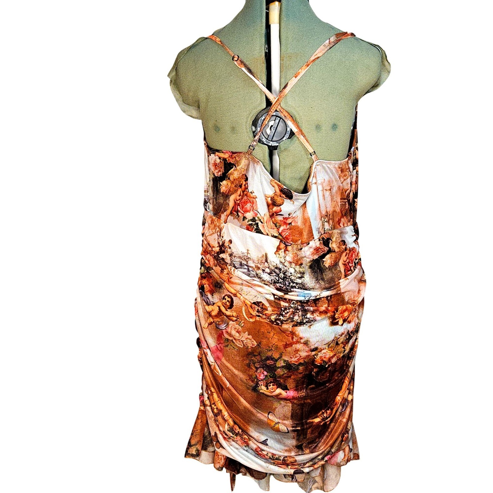 Woman’s Shien whimsy boho-chic cherub art print side ruche razerback midi dress