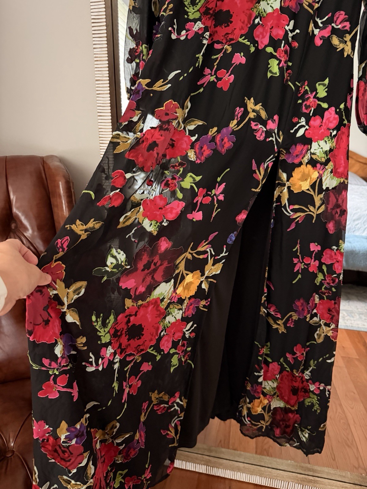 Lulus Floral Backless Maxi Dress L Mock Neck Long Sleeve Wedding Guest Formal