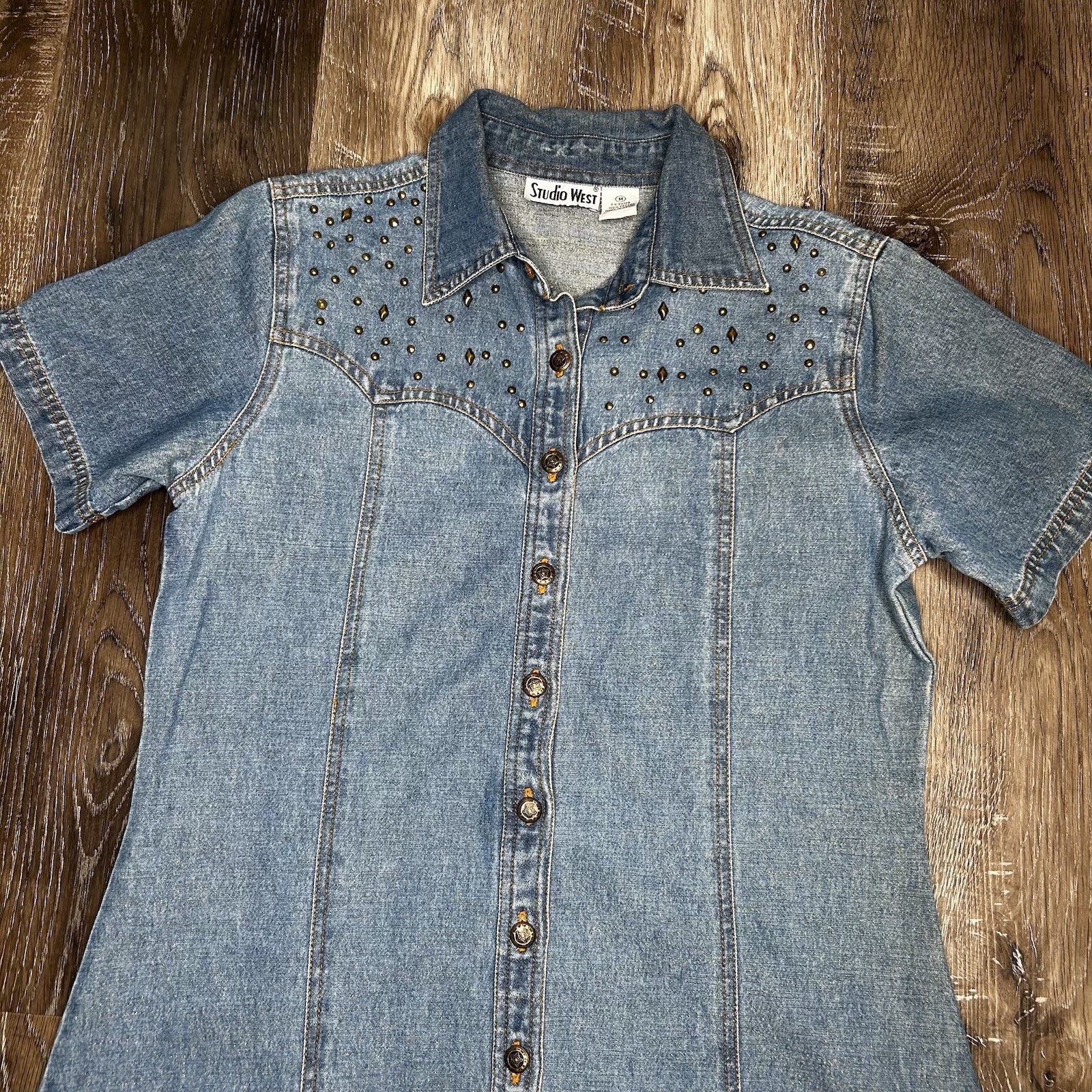 Vintage Studio West Denim Maxi Dress Branded Button Studs Sz M Western Cottage