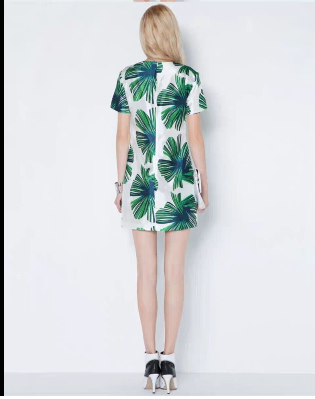 Green Palm Leaves White Print Mini Dress Elegant Women Short Skirt M S 8 10
