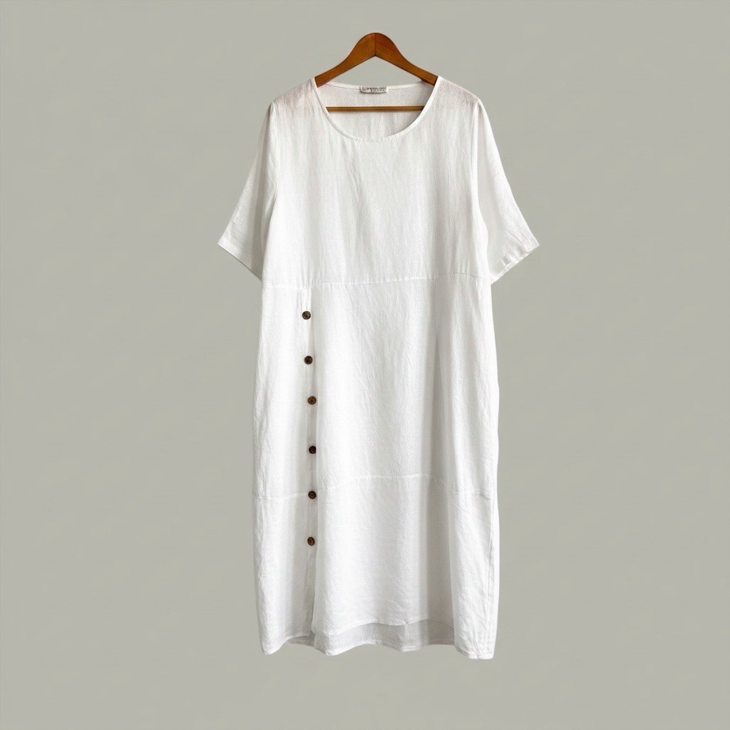 Puro Lino Made In Italy White 100% Linen Dress O/S Roll Tab Sleeves Lagenlook