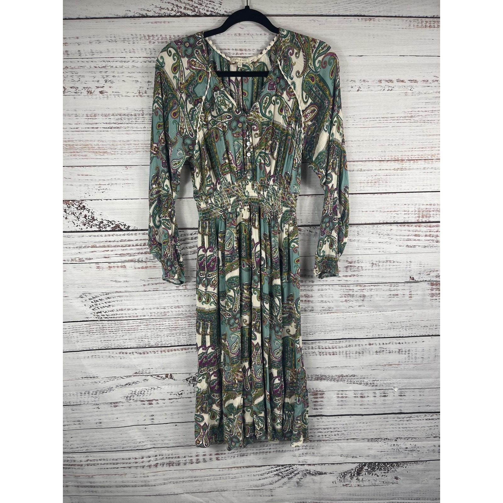 Kate & Sam Dress Women’s SZ S Green Paisley Boho Midi Smocked Waist Long Sleeve