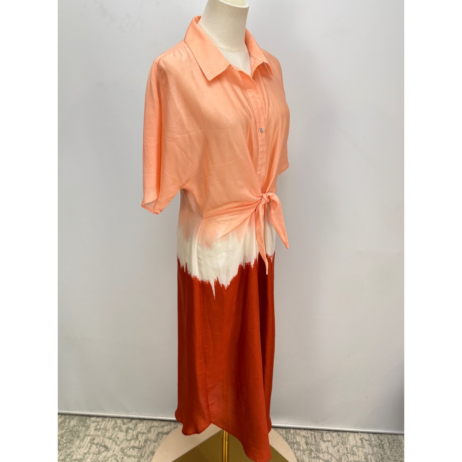Anthropologie Mango Tie-Front Dip-Dye Midi Shirt Dress Peach Orange Rust Ombre