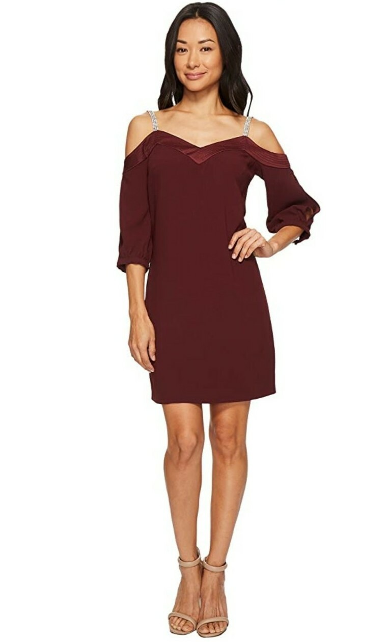 Trina Turk Sarika Rhinestone Strap Cold Shoulder Crepe Dress,Women’s 8 ,Malbec