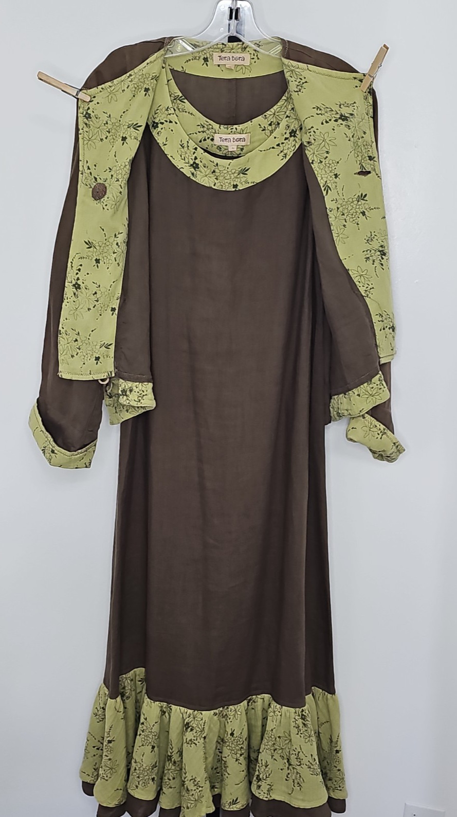 Tera Bora 2 Pc Boho Lagenlook Brown Green Linen Blend Dress Jacket Set T1