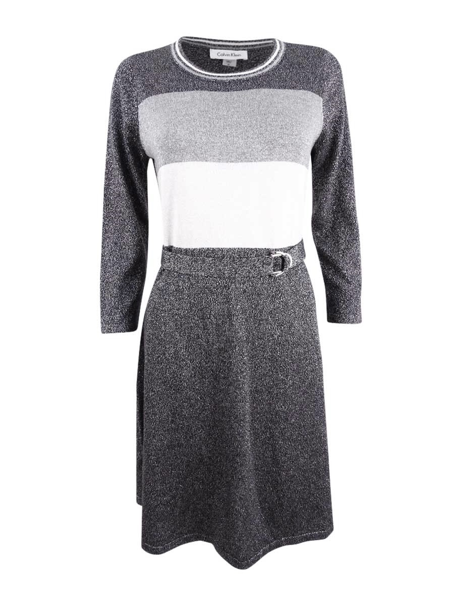 Calvin Klein Women’s Belted Metallic Colorblocked Sweater Dress 191797882044