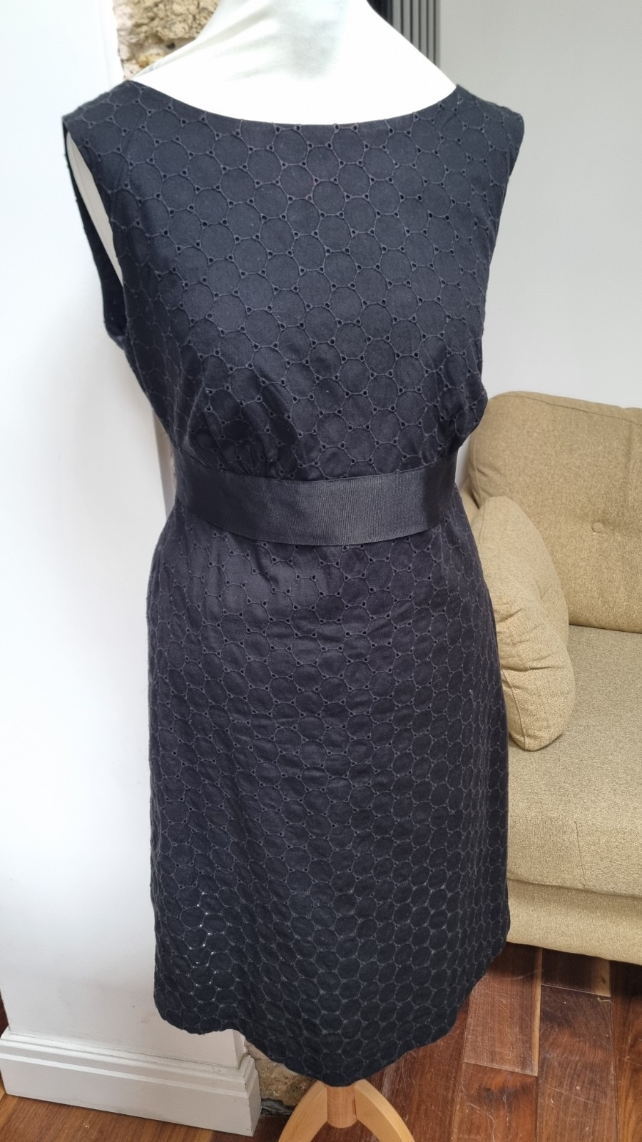 Monsoon Black Sleeveless Jacquard Shift Dress Size 14 Tie Belt Lined 100% Cotton