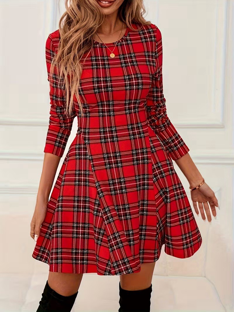 Red Plaid Classic Designer Look Pattern Dress Long Sleeve Crewneck Cosplay Retro