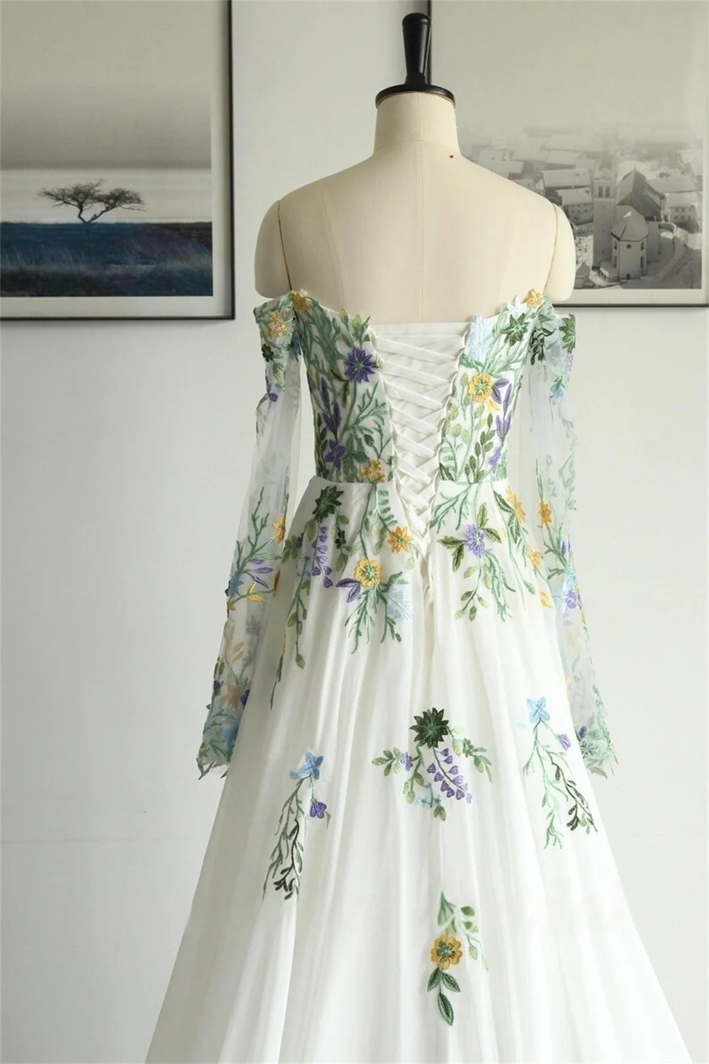 Bell Sleeves Flower Wedding Dresses Elegant Off Shoulder White A-Line Lace Up