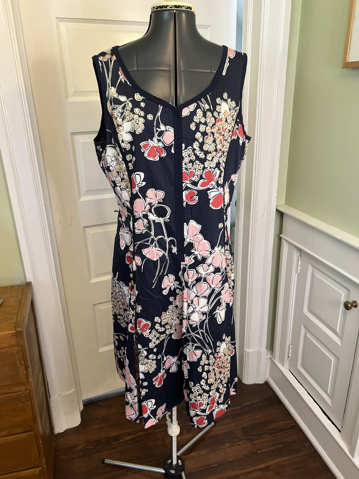 Talbots Navy Floral Cotton Sleeveless Dress w/ Inverted Pleat Skirt Size 14P