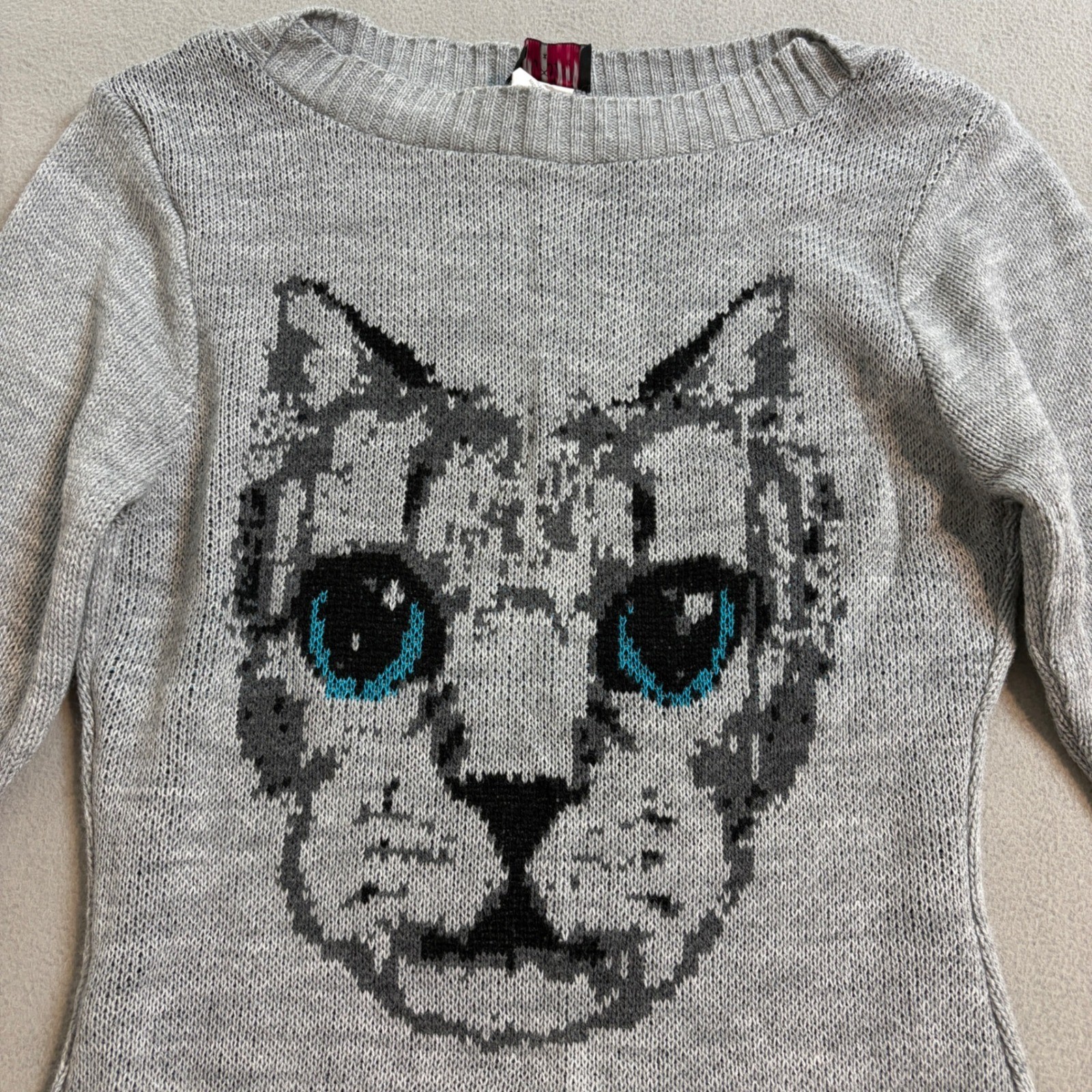 Hot Shot Gray Cat Graphic Knit Sweater Dress 3/4 Sleeve Small USA Made