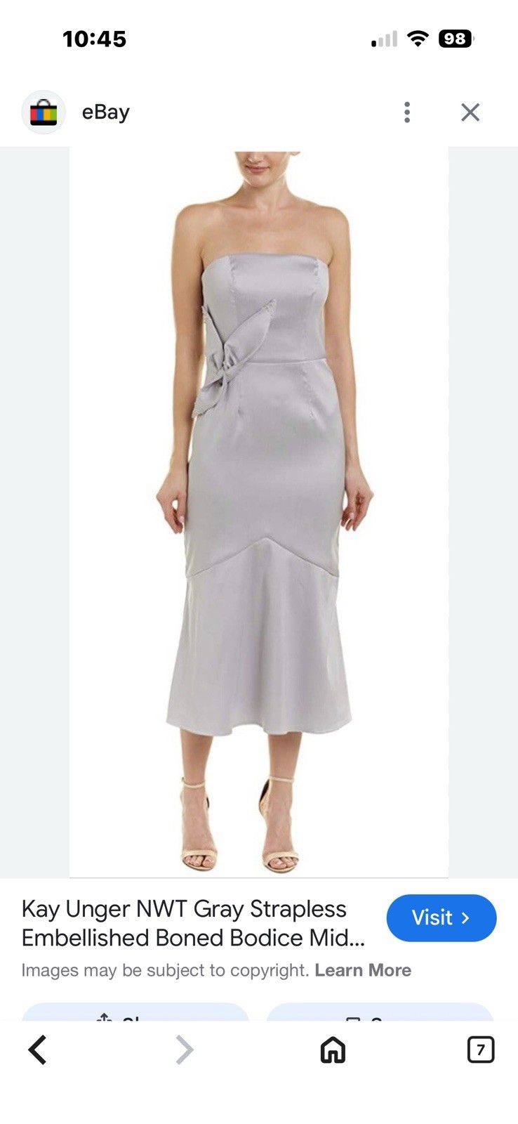 Kay Unger Formal Midi Satin Silver Dress Sz 6 Strapless Bow Beaded