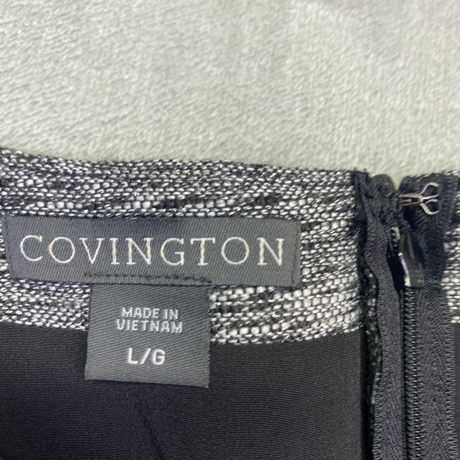 Covington Missy Cropped A Line Dress Silver Lurex Tweed Fringe Gray Large NWT