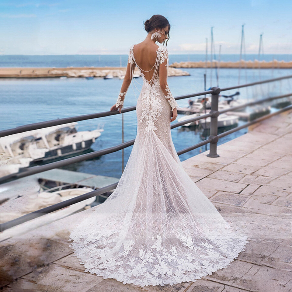 Backless Mermaid Pearls Beaded Wedding Dresses Lace Appliques Women Bride Gown