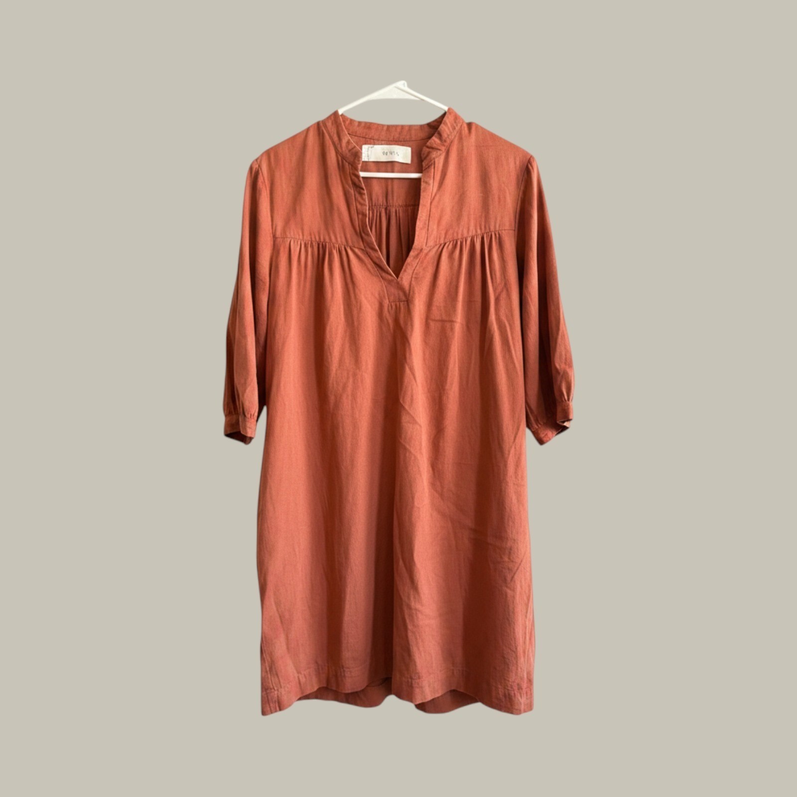 WVN Rust Terracotta Notched Neck Tunic Dress Medium Boho Relaxed Fit