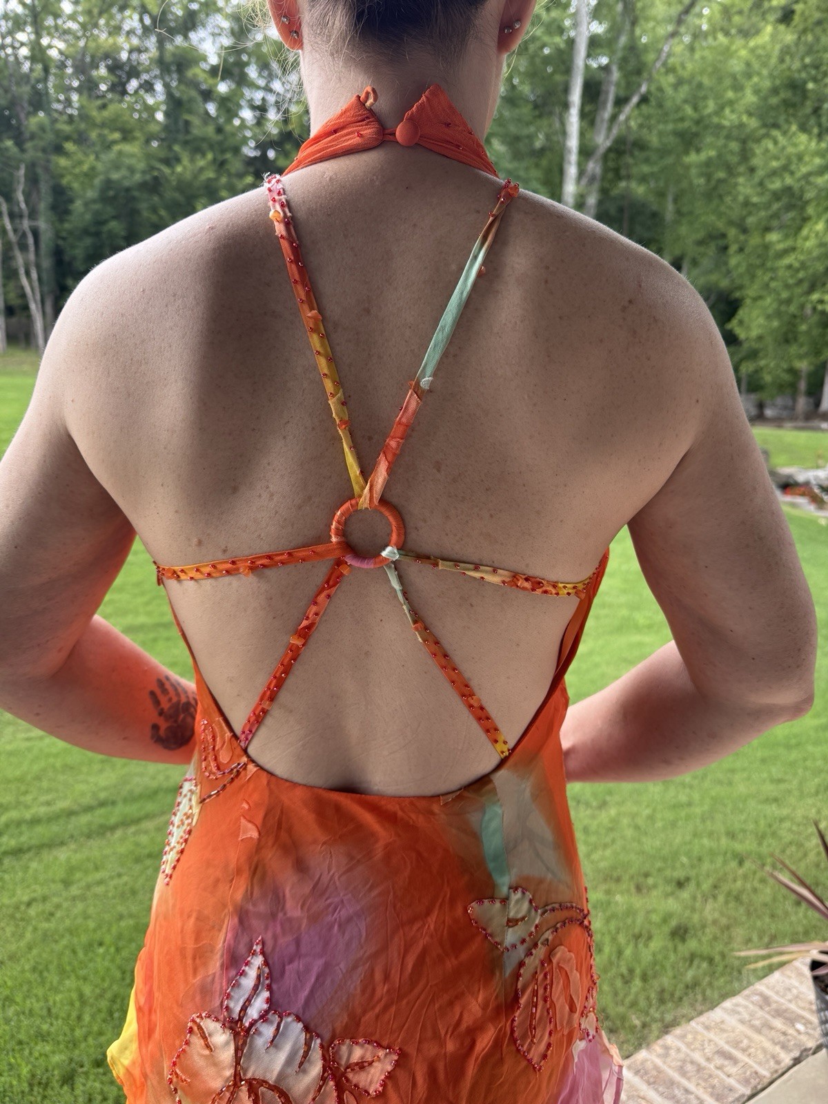 Sue Wong Silk Chiffon Orange Floral Beaded Halter Backless Long Gown 6