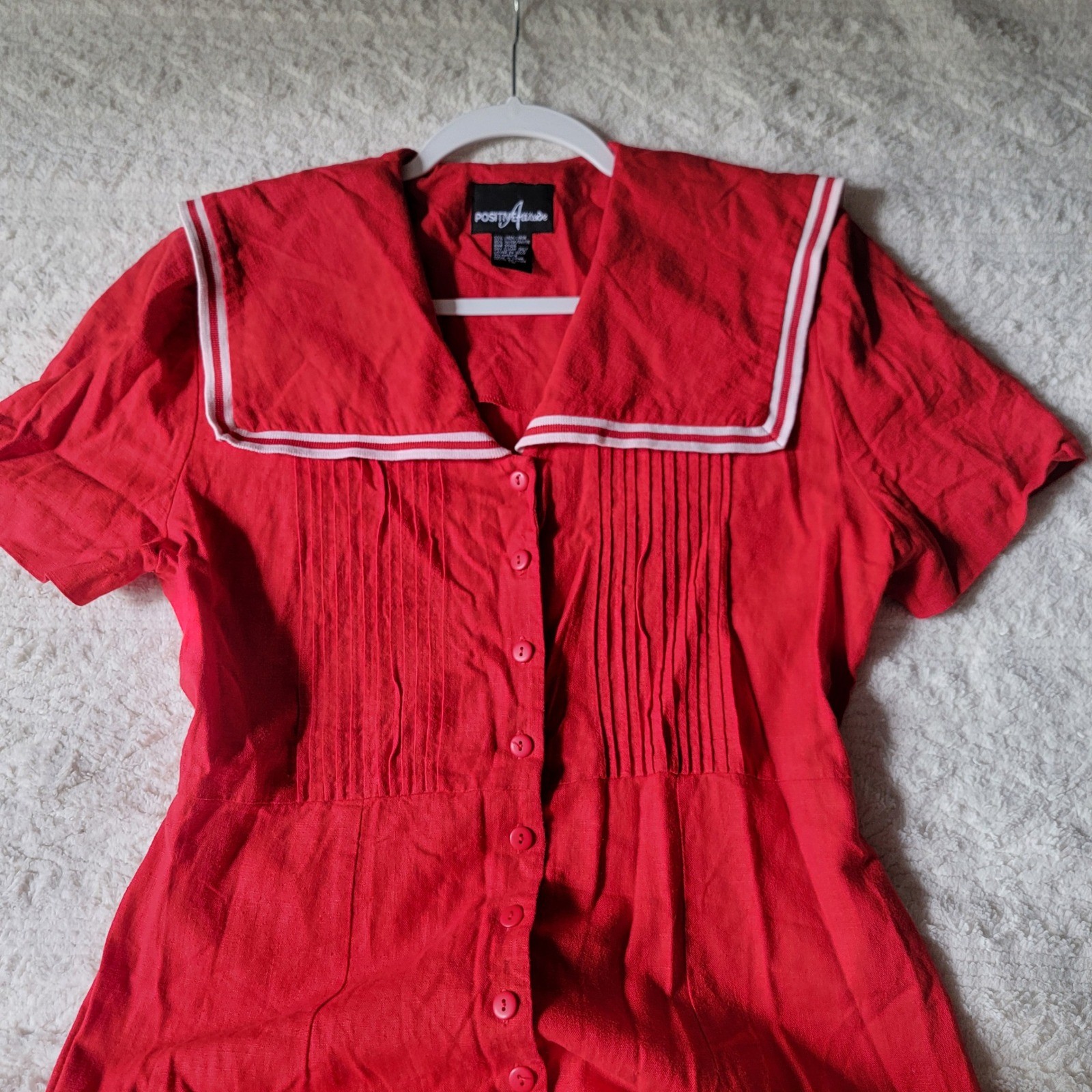 Red Linen Blend Button Down Sailor Collar Maxi Dress Size 10 Vintage Modest