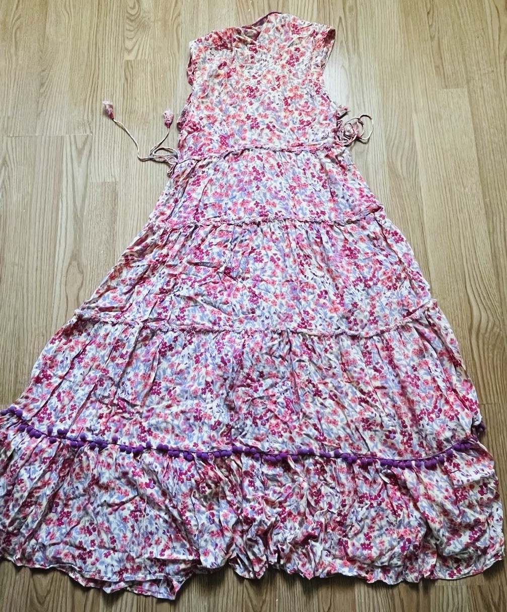 Poupette St Barth Midi Dress Sleeveless Pompom Bohemian Floral Size S