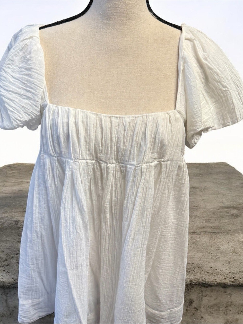 Free People White Cotton Babydoll Mini Dress Open Back Puff Sleeve S/M