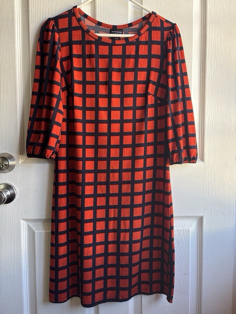 En Focus Studio Orange/Black Geometric Knit Shift Dress 3/4 Puff Sleeve 4